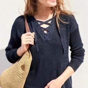 J Crew Sz S 100% Linen Lace Up Black Open Knit Long Sleeve Coastal Beach Sweater